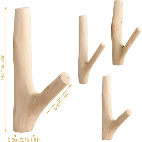 4 st naturliga träkrokar, träkrok, cylindrisk väggklädkrok dekorativ krok, hängande kappa väska handduk träkrok (bredd 2 - 3 cm)