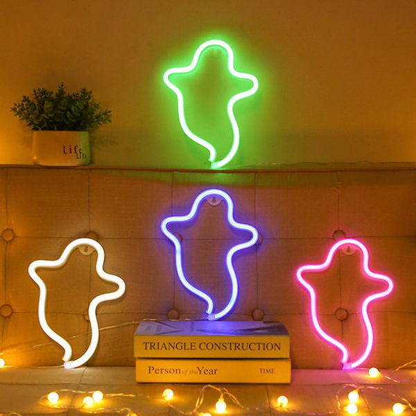 Neonljus Spöke Hängande Dekoration LED Halloween Dekorativ Neon Skylt för Fest (Varm Färg)