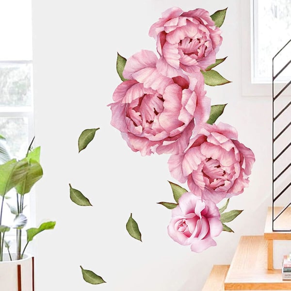 Rosa blommor Väggdekaler Akvarell Pion Rose Väggdekaler för sovrum, ömtåliga pioner Blommor Väggaffischer Vinyl Skal och Stick Blossom Konst väggmålningar