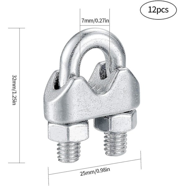 12 stk. Wire Rope Clips Klemmer, U-Bolt Saddelbeslag, U-Formet Klemmer, Rustfrit Stål