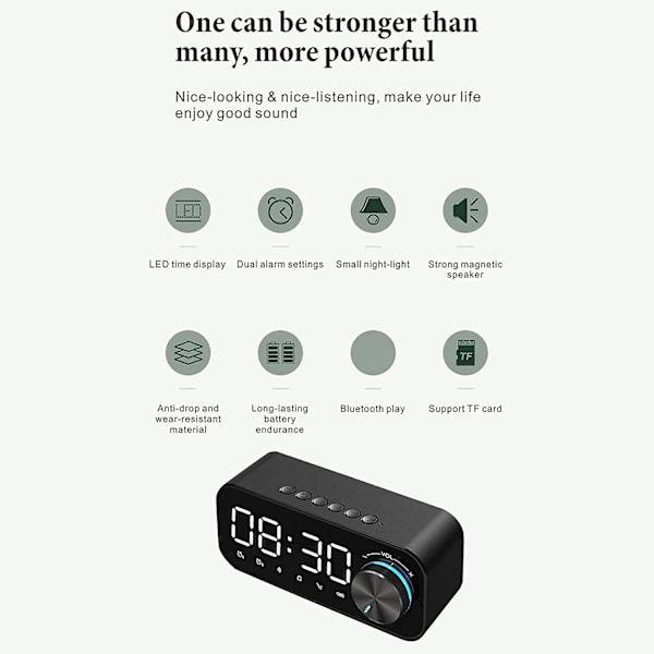 Trådlös Bluetooth 5.0 LED Väckarklocka Högtalare, TF-kort Stöd FM-Radio, USB Väckarklocka för Sovrum