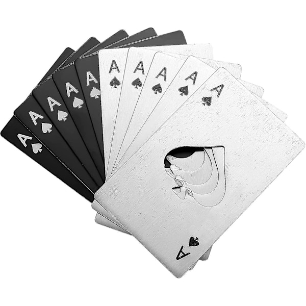 10 stk. Poker Flaskeåbnere, Flade Flaskeåbnere i Rustfrit Stål, Pengepung Flaskeåbnere - Sølv og Sort