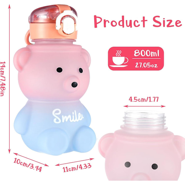 Kawaii björn vattenflaska med sugrör och rem, 800 ml söta gradient färgglada vattenflaskor bärbara läckagesäkra BPA-fria drickskoppar för barn flickor