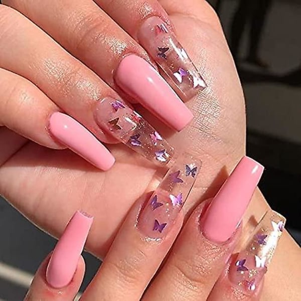 Gloss Gradient Rosa Falska Naglar Fjäril Glitter Paljetter $ Akryl Falska Naglar