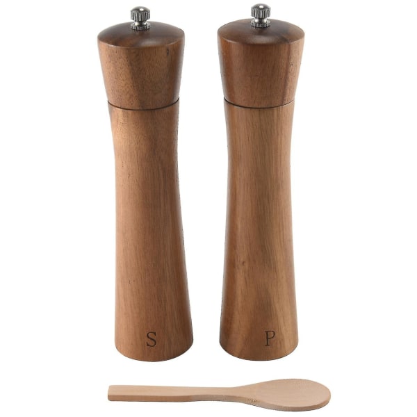 Salt- och pepparkvarnar, träsalt- och pepparkvarn set med träsked, justerbar keramisk kvarn, för