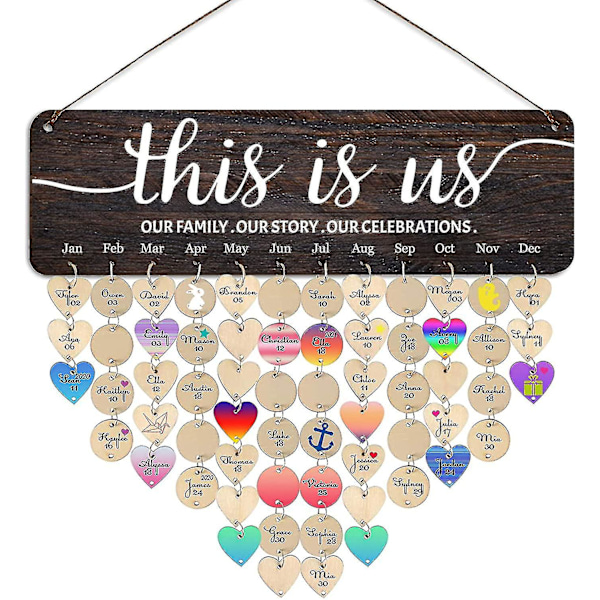 Väggdekoration This Is Us Familjekalender med Födelsedagar, Påminnelse om Födelsedagar med Runda Hjärtformade Taggar, Julklappar till Mormor Mamma, Grattis på Födelsedagen-Present