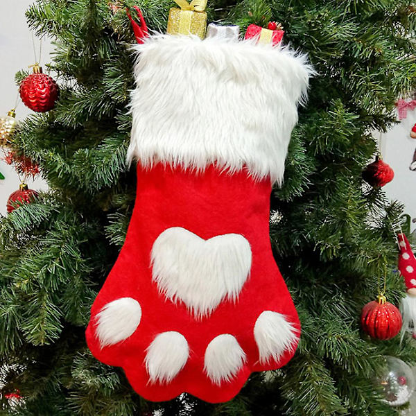 Julstrumpa för husdjur med tassmotiv, godispåse, julgransdekoration, hängande ornament (röd)