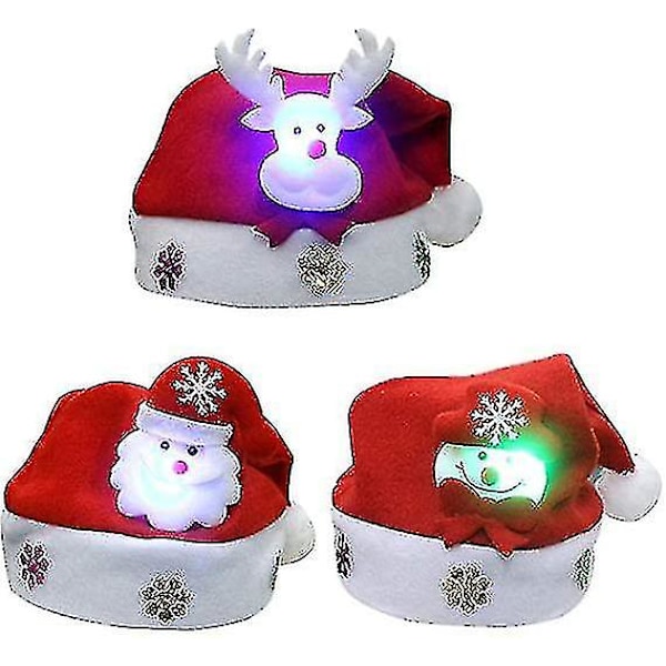 Paket med 3 julhattar Roliga tomte, snögubbe, ren Julpartyhatt Hårband Mjukt och bekvämt Flanell Julpartyset med LED-ljus