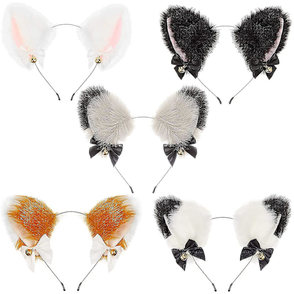 5 Pieces Halloween Cat Ear Headband With Bells Cute Wolf Fur Ears Headwear