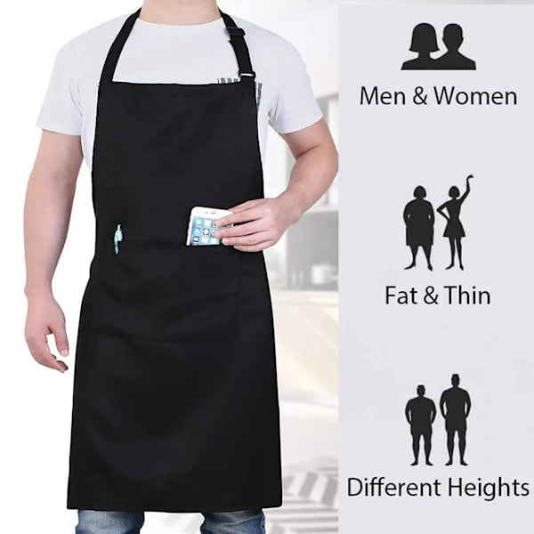 2 st Enfärgad Polyester Matlagningsförkläde Justerbart Köksförkläde Mjuk Kockförkläde med Väska för Kvinnor och Män Färg Svart