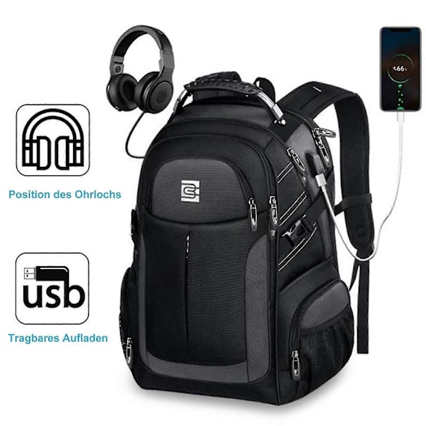 Laptopryggsäck, Stöldskydd, Slimmad, Tålig med USB-laddningsport, Passar 16-tums laptop (20 tum, Blå)