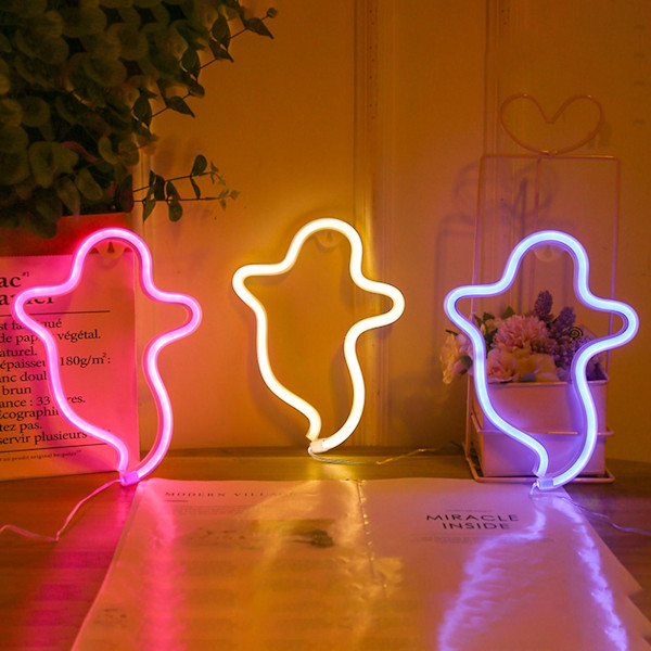 Neonljus Spöke Hängande Dekoration LED Halloween Dekorativ Neon Skylt för Fest (Varm Färg)