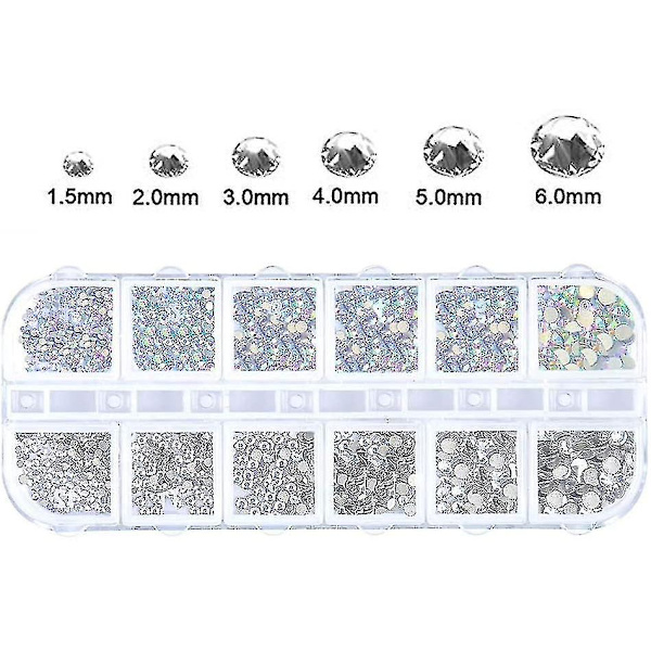 1440 Stykker 6 Størrelser Neglekunst Rhinestones, flad bagside Runde Krystal Rhinestone Sten