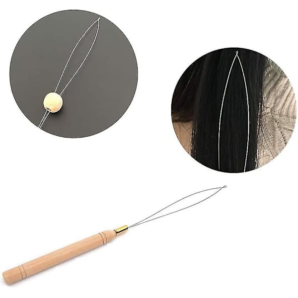 Hår Extensions Loop Needle Threader Pulling Hook Tool Och Bead Device Tool För Hår Eller Fjäder Extensions - Trä Och Rostfritt Stål 3st
