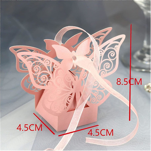 50 st Butterfly Laser Cut Ihåliga Vagn Favoriter Gåvor Box Godisaskar Med Band (Rosa)