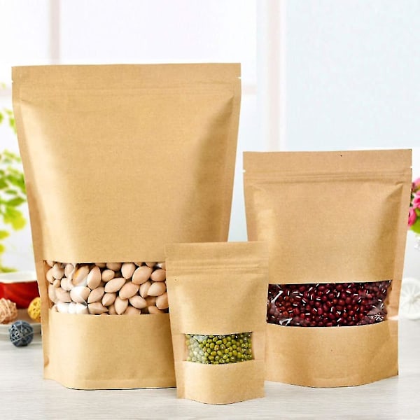 50 stk Kraftposer med vindu Stående Ziplock Seal Papirpose Gjenlukkbar Stor Matlagringspung, 16*26cm