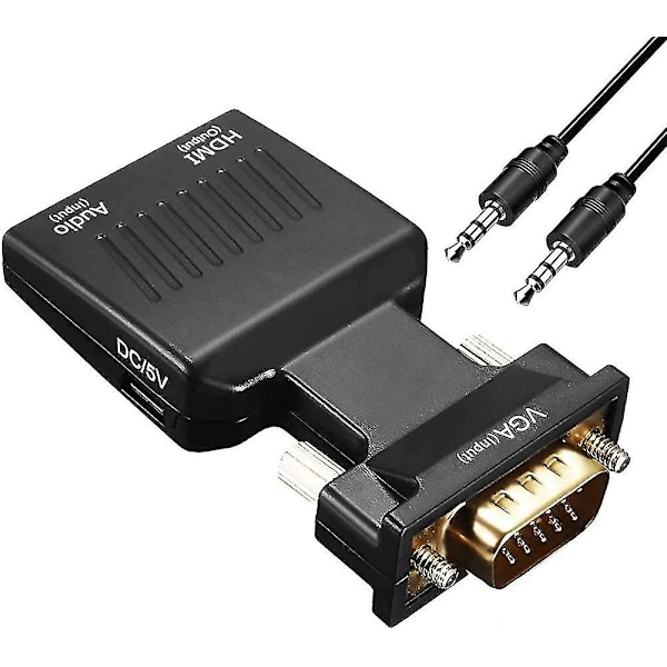 VGA-HDMI-sovitin 1080p, VGA-uros - HDMI-naaras, äänikaapelilla ja