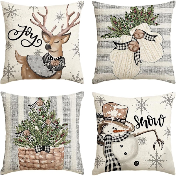 Julkuddar 18x18 Set om 4 Rosa Ränder Tomte Snögubbe Snöflinga God Jul Gran Låt Det Snöa