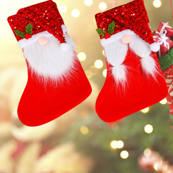 Julstrumpa med paljetter, tomteluva, mustasch/fläta, hängande julgransdekoration, presentpåse (E)