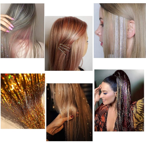 Hiusvärien säikeet työkalulla 47 tuumaa 12 väriä säikeet Fairy Hair Tinsel Kit Hiuspidennykset Sparkling Glitter Kiiltävä Silkkihousu (12 väriä)