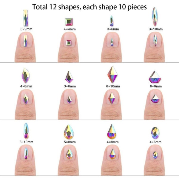 Namotu 120 st Multi Shapes Glas Kristall Ab Strass För Nail art Hantverk, Blanda 12 Stil Kristaller 3d Dekorationer Platt Baksida Stenar Gems Set