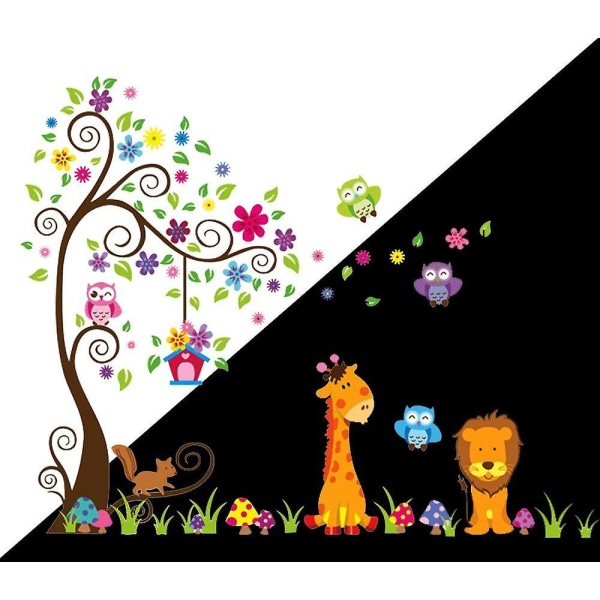 Lasten seinätarra, värikäs pöllökirahvi leijonapuu koristeellinen unisex -tarra lasten makuuhuoneeseen, lastenhuoneeseen, leikkihuoneeseen