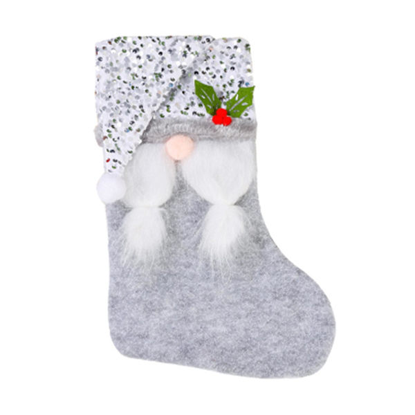 Julstrumpa med paljetter, tomteluva, mustasch/fläta, hängande julgransdekoration, presentpåse (E)