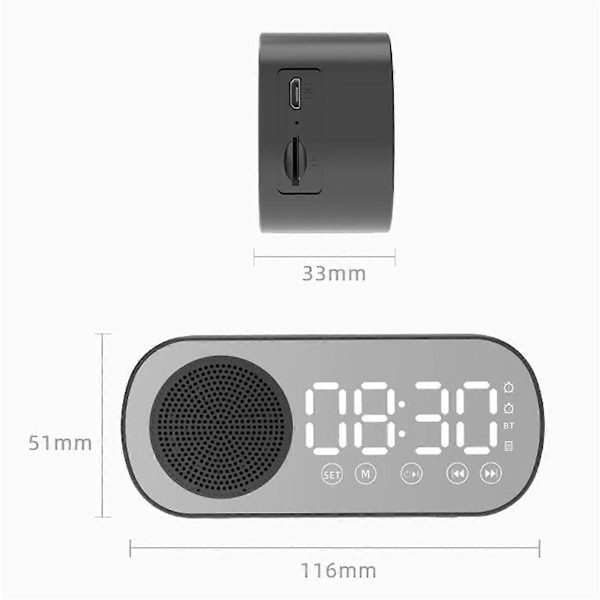Trådlös Bluetooth-högtalare, Klockradio, Dubbla Alarm Stöd TF-kort Digital Väckarklocka för Hemmakontor, Svart