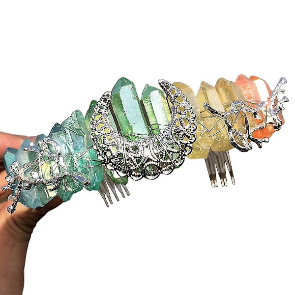 Kvinde Brud Regnbue Farverig Til Rå Kvarts Krystal Krone Pandebånd Vintage Boho Metal Måne Grene Bryllup Tiara Hår H