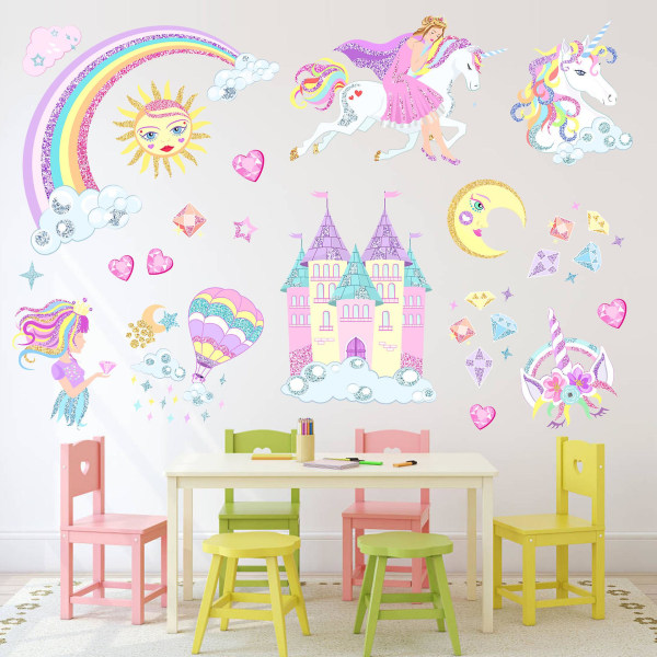 Et sett med regnbue jente slott veggdekorer veggklistremerke veggdekorasjon for soverom stue kjøkken