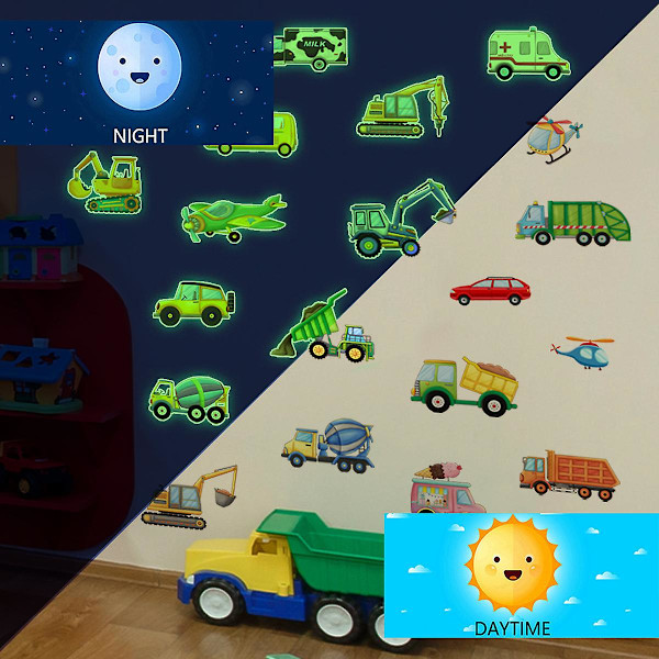 Glow in the Dark Lastbilsdekaler Konstruktion Väggdekaler Cartoon Baby Boy Väggdekaler Lastbil Bil Grävmaskin Dekorativa Väggdekaler Lysande Konstruk