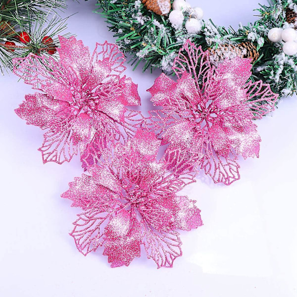 12 st julblommor Poinsettia med glitter Konstgjorda julblommor Poinsettia Julgranspynt Juldekorationer Blomma (rosa)