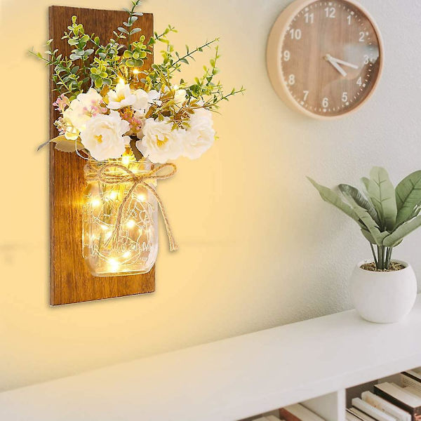 Rustika Vägglampor Mason Jar Vägglampor Handgjord Väggkonst Hängande Design Med Fjärrkontroll LED-Fairy Lights Och Vit Pion, lantlig Köksdekoration