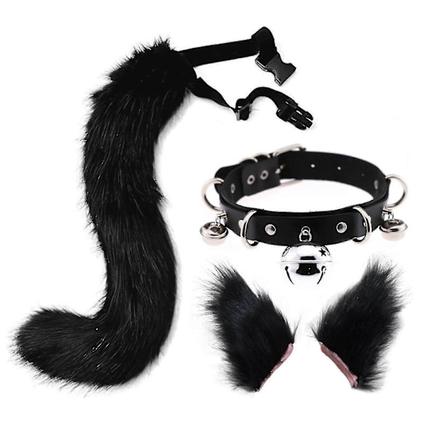 Hårklämmor Tuppstjärt Djur Element Justerbar Faux Päls Solid Varg Svans Öron Halsband För Cosplay (Svart)