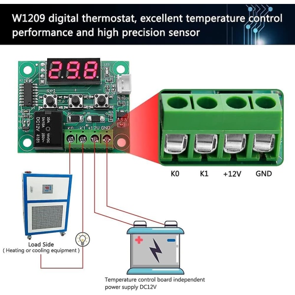 2 deler W1209 temperaturkontrollmodul, DC 12V mikro digital termostat, elektronisk temperaturkontrollmodul, -50-110°C, med vanntett NTC P