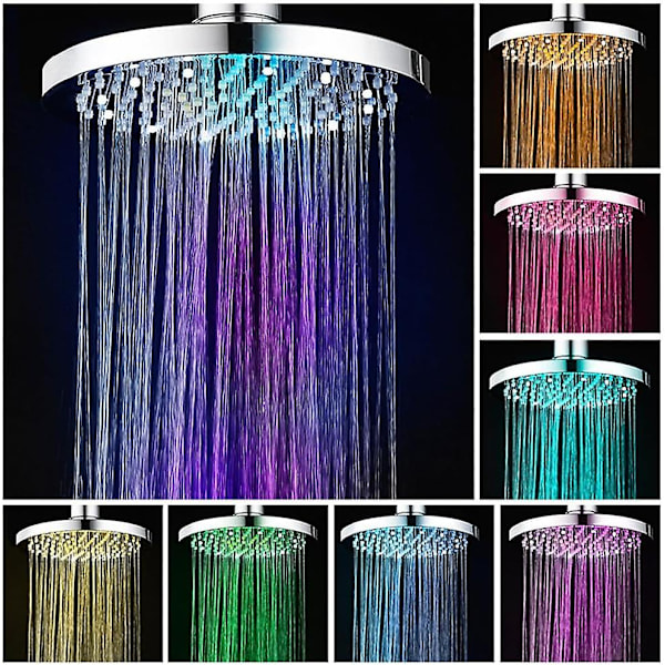 LED-duschhuvud, 20 cm belyst duschhuvud, LED-handdusch med 7 färger, runt LED-regnhuvud, universellt G1/2\"