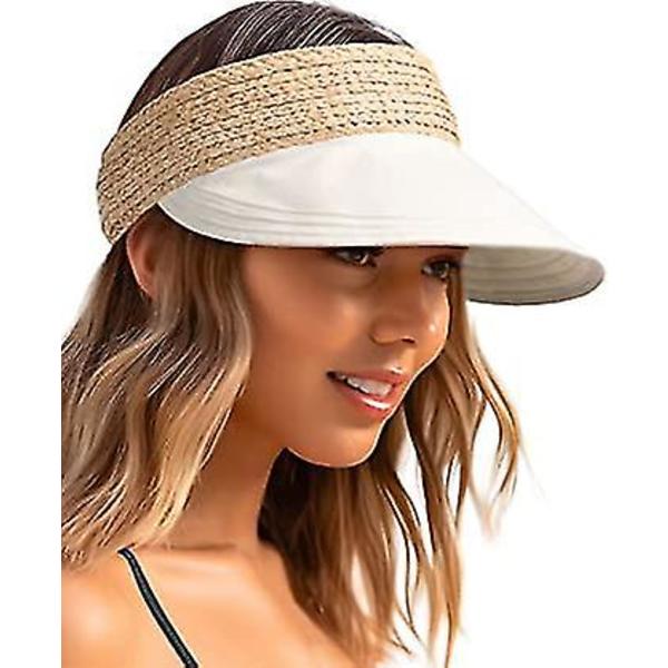 Halm solskydd för kvinnor linne solskydd hatt dam sommar strand solskydd hopfällbar rulla upp hästsvans solhatt