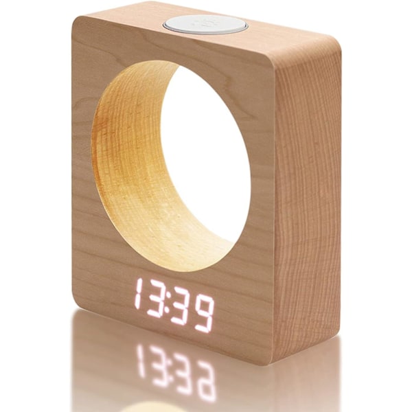 Trä digital tyst väckarklocka med ljus, digital väckarklocka väckarklockor sängbord LED väckarklocka