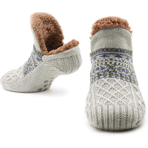 Tofflor Fluffiga Strumpor för Kvinnor Herr Varma Strumpor Stickade Ullstrumpor Sherpa Fuzzy Tofflor En Storlek Halkfria (40-42 Yards, Grå)