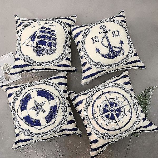 4 stk Pudebetræk Sejlads Navigation Kompas Dekorative Pudebetræk Bomuld Hør Pudebetræk 45x45cm