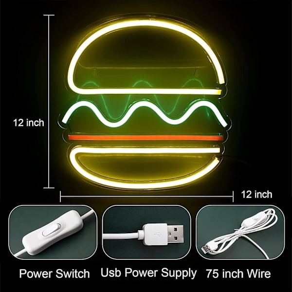 LED Neon Hamburger Mönster Sovrum Hängande Vägg Hängande Dekoration USB