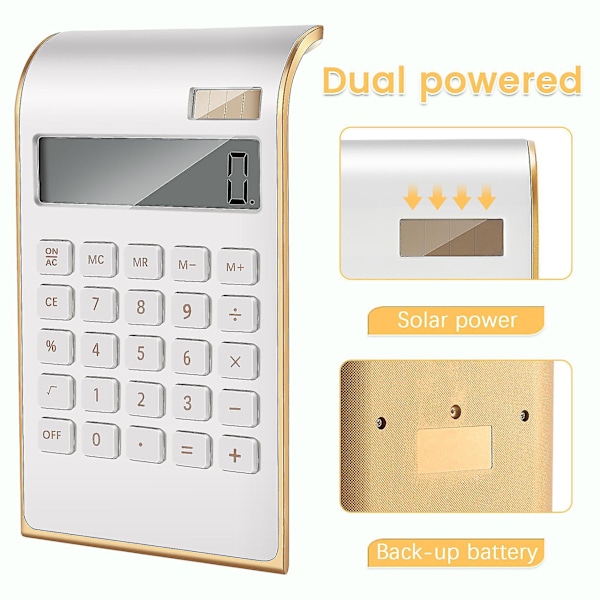 Lommeregner, slankt elegant design, kontor/hjemmeelektronik, dobbelt drevet bordlommeregner, solenergi, 10 cifre, vippet LCD-skærm