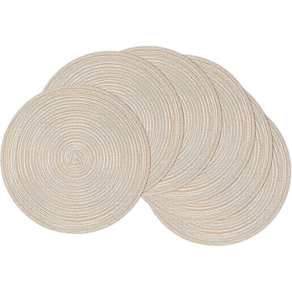 Pyöreät Pöytäliinat, 6 kpl Setti, Punotut Kudotut Pöytäliinat, Pestävä, Lämpöä Kestävä, Keittiön ja Ruokailutilan Pöytäliinat, Beige