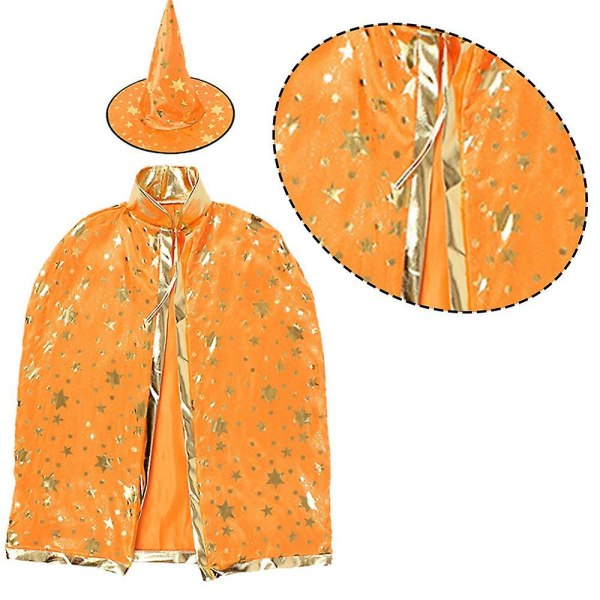 Trollkarl Cape med hatt, Halloween Kids Costumeswitch Cape för barn, halloween rekvisita Orange