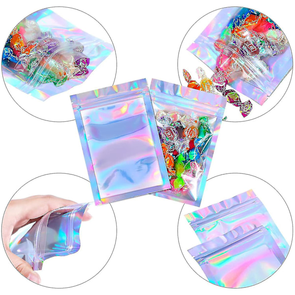 100 stycken holografiska förpackningsväskor förvaringsväska för mat (holografisk färg 7,5 * 10 cm)