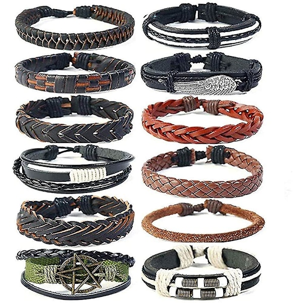 12 st Mans Armband Flätade Läder Armband Punk Rep Armband Manschett Vintage Armband Wrap Set Justerbar Trendig