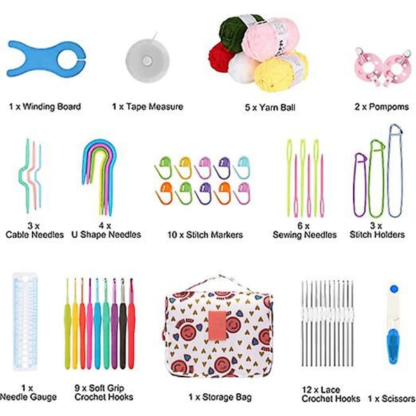 59-dels Ergonomisk Virknålssats 5 Garnrullar Sticknålar Kit För Nybörjare