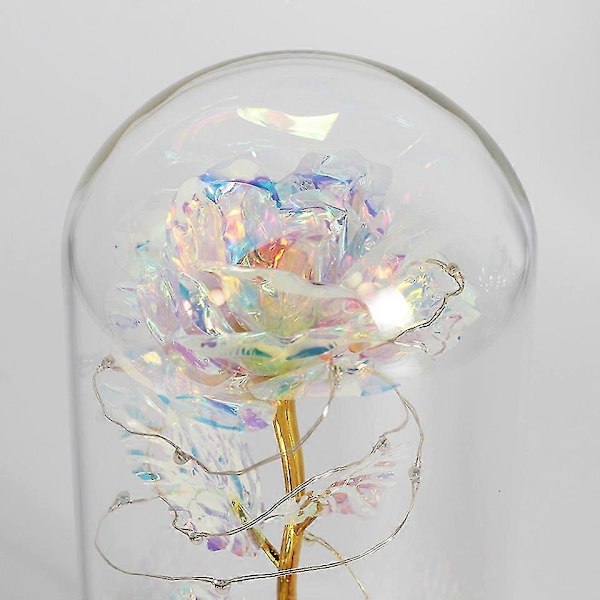 LED Förtrollad Galaxy Ros Evig 24K Guldfolie Blomma med Fairy Ljusslingor i Kupol för Jul Alla Hjärtans Dag Present (Regnbåge)