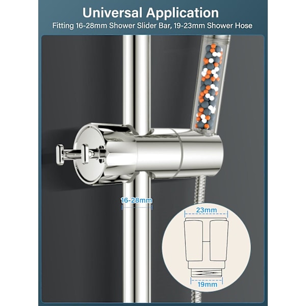 Universell justerbar hånddusjholder med 2 kroker for 16-28MM hånddusj skinnehode skyveklemmeholder brakett