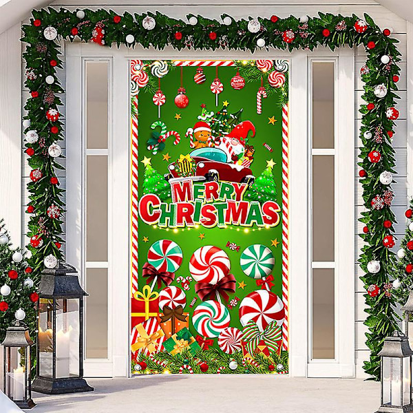 Jultomte Dörröverdrag God Jul Dörrdekorationer Vintertomte Bakgrundsbana Banner För Framsida Dörr Veranda Jul